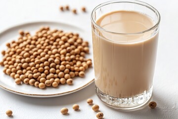 Soy milk in glass with soybeans on plate, neutrals.