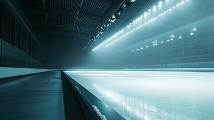Obraz premium Side view of an empty rink under soft arena lighting, showcasing the freshly prepared surface and clean rink lines.