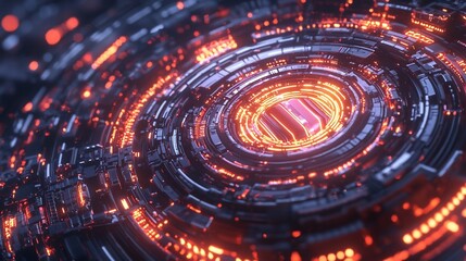 Closeup view of a futuristic digital lock shaped like a complex quantum circuit