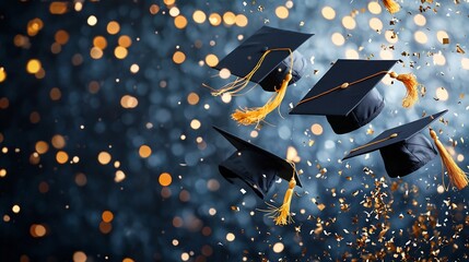 Dynamic image of graduation caps flying like fireworks against a night sky symbolizing the and triumph of academic achievement