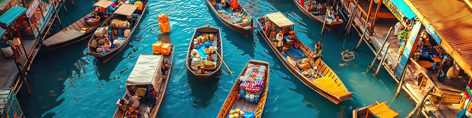 Obraz premium Thai Floating Market Bazaar: Traditional wooden boats, laden with colorful wares, navigate through a network of canals in a vibrant marketplace.