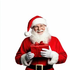 Naklejka premium Santa Claus Holding a Gift with a Smiling Face on White Background