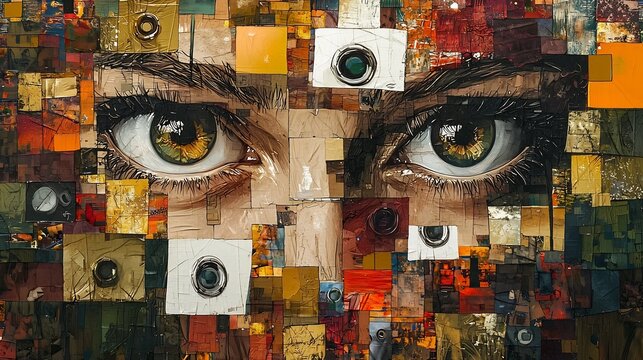 collage depicting a fragmented mix of social media icons quantum codes and ominous eyes symbolizing the complex issues surrounding data privacy and security in the modern digital age
