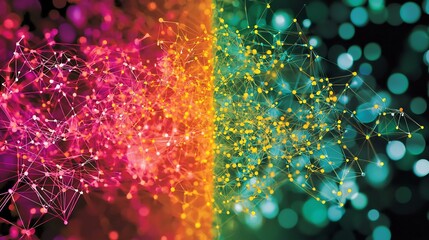 Comparative data visualization image showcasing raw data on one side and its hierarchical clustering results with vibrant visual overlays on the other