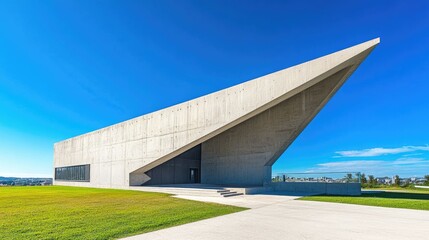 Fototapeta premium Sleek concrete building with sharp, clean lines and minimalist features under a vivid blue sky, perfect for a modern architectural feel.