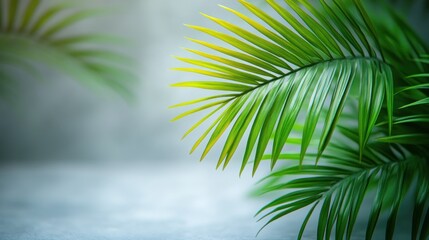 Fototapeta premium Lush green palm fronds on blurred background.