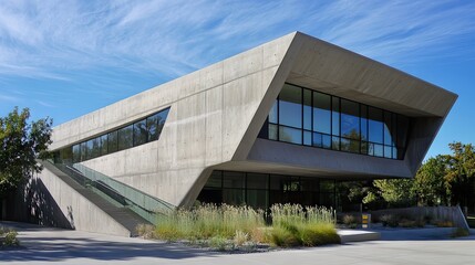 Sleek concrete building with sharp, clean lines and minimalist features under a vivid blue sky, perfect for a modern architectural feel.