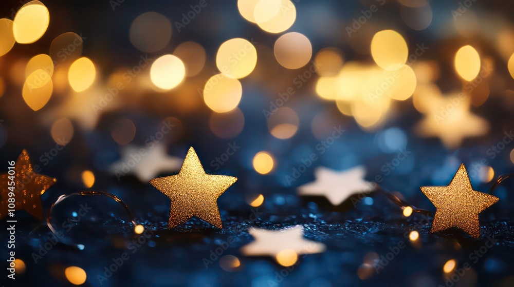 Poster abstract festive background with gold stars and bokeh lights.