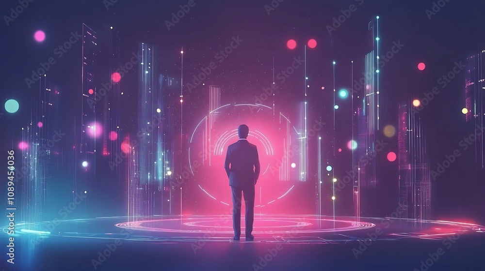 Poster conceptual image depicting a businessman surrounded by holographic elements representing the complex