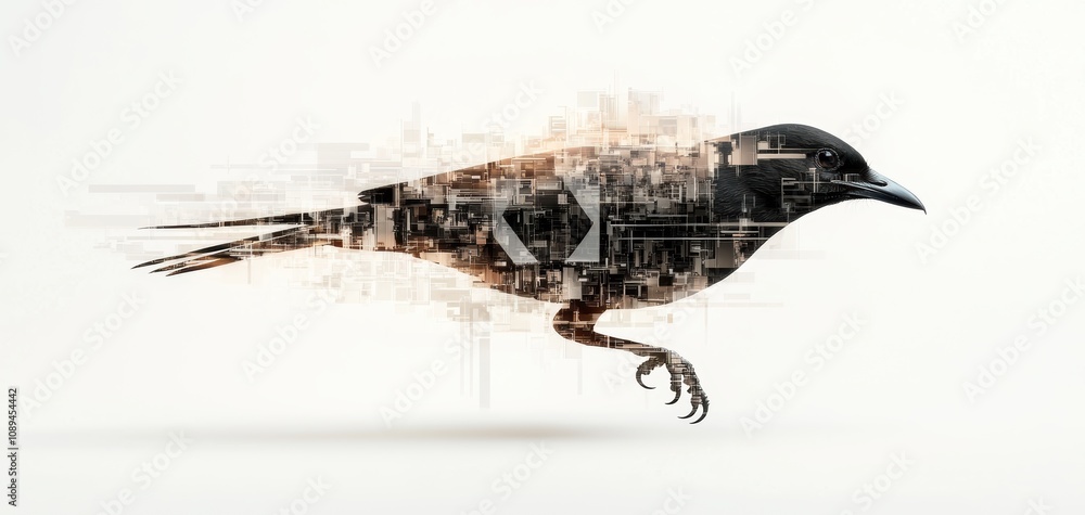 Poster double exposure photography fusion concept. a stylized bird silhouette made of abstract shapes, sugg