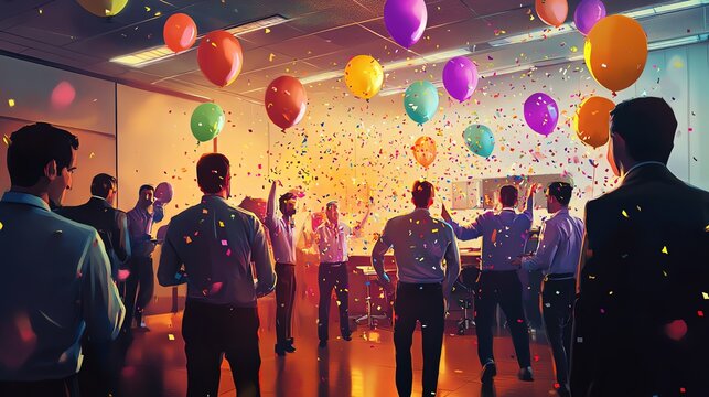 Celebration atmosphere with people gathering, colorful balloons, and confetti in a festive indoor setting.