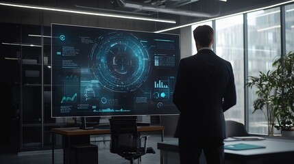 Corporate executive analyzing a dynamic holographic display of compliance and ethics standards in a modern technology driven office environment
