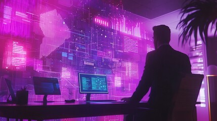 Corporate executive examining and analyzing a vibrant futuristic hologram display showcasing compliance and ethics standards in a modern high tech office environment with a dynamic