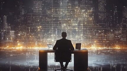 Corporate executive utilizing a futuristic digital interface displaying glowing ethics icons emphasizing the importance of accountability and compliance in the modern business landscape