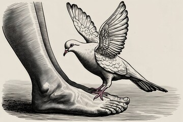 Whimsical Dove Investigates Human Feet in Intricate Monochrome Sketch Engraving