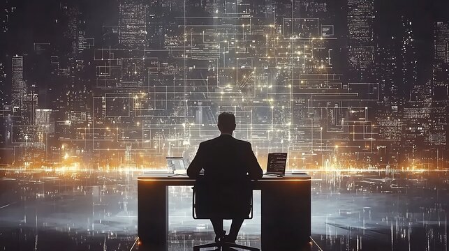 Corporate executive utilizing a futuristic digital interface displaying glowing ethics icons emphasizing the importance of accountability and compliance in the modern business landscape