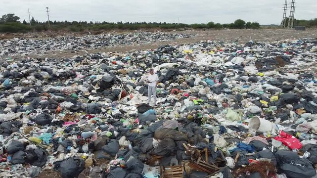 Mujer parada en el centro de un basural a cielo abierto, dron gira alrededor