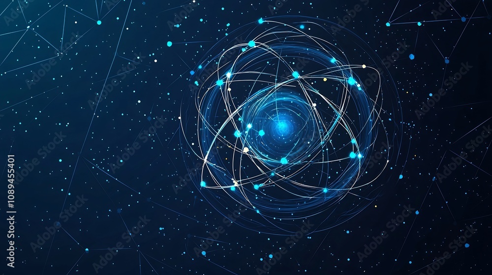 Aufkleber cosmic atom icon with glowing interconnected orbits and sparkles set in a sleek polygonal blue techn