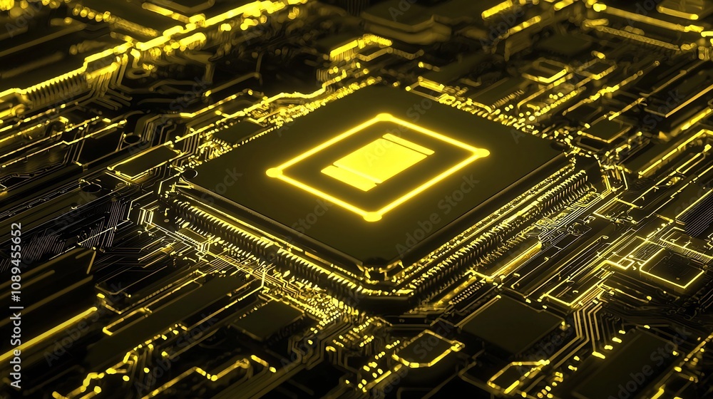 Poster cutting edge chip design featuring a vibrant neon intelligence logo at its core highlighted by intri