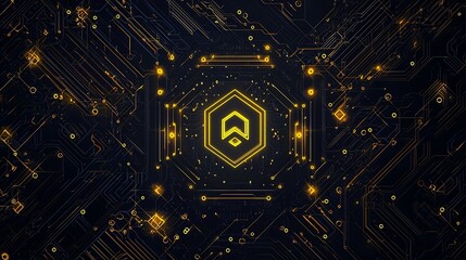 Cutting Edge Chip Design with Neon Yellow Logo and Golden Circuitry Patterns on Sophisticated Dark Technology Backdrop