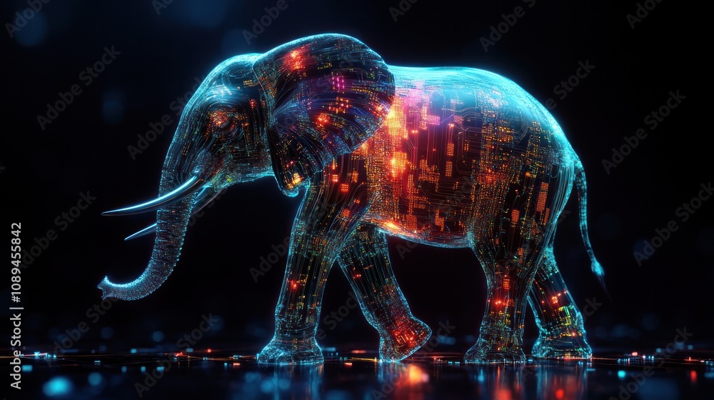 Poster a translucent elephant with circuits and quantum data flowing through