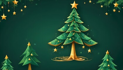 Obraz premium Árbol de Navidad Abstracto Un árbol de Navidad estilizado hecho de formas geométricas, como triángulos o círculos, en tonos verdes y dorados, con estrellas brillantes suspendidas alrededor