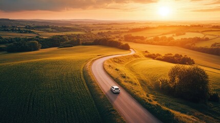 Small car driving through a rural landscape with a sunset casting golden hues over fields and winding road