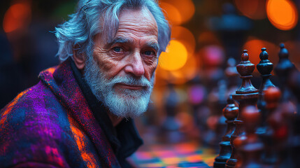 Obraz premium Elderly man engaged in chess game at an outdoor gathering during dusk with soft lights in the background. Generative AI