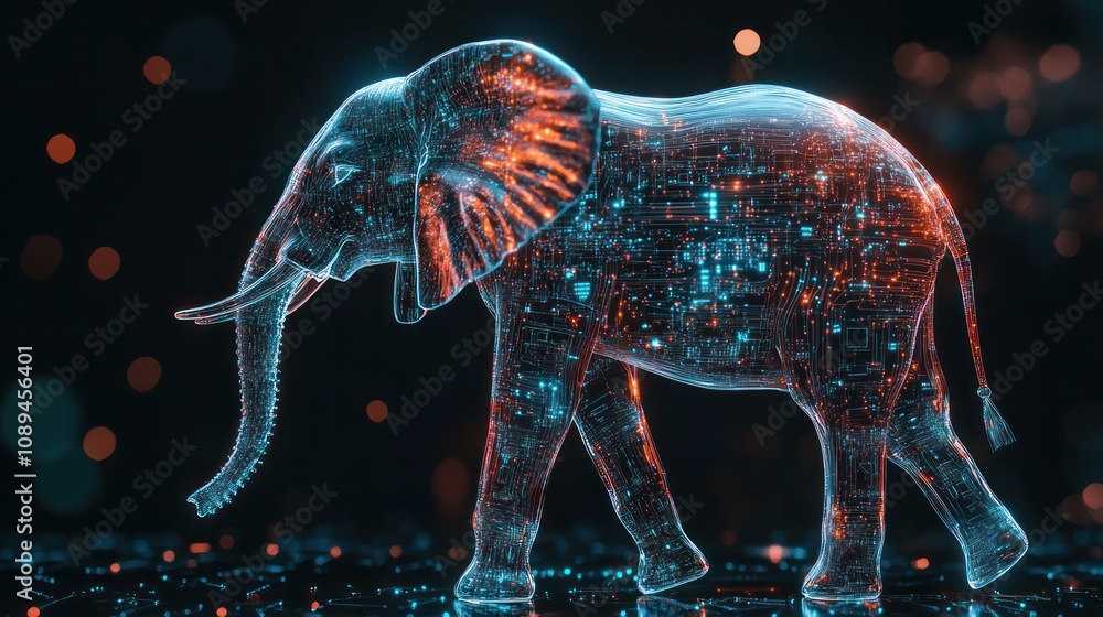 Poster a translucent elephant with circuits and quantum data flowing through