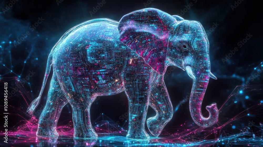 Poster a translucent elephant with circuits and quantum data flowing through