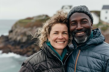 Portrait of a cheerful multicultural couple in their 30s sporting a quilted insulated jacket over beautiful coastal village background