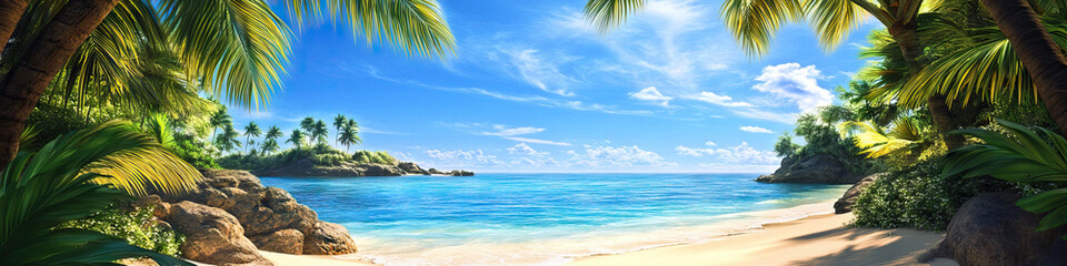 Fototapeta premium Tropical Island Sanctuary: Pristine white sand, framed by swaying palm trees and turquoise waters, inviting relaxation.