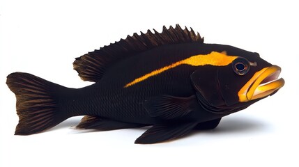 Fototapeta premium A black and yellow fish with a large mouth, isolated on a white background.