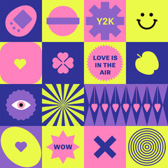 Playful Y2k Retro Patterns with Simple Sunburst shapes. Cute Geometry tile. Retro Mystical vibe. Magic Backgrounds, Design elements for Holidays aesthetics. The New Year, Fantastical vibrant 