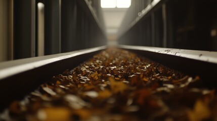 Exploring Tranquility: Leaves Covering an Abandoned Pathway in a Dimly Lit Space