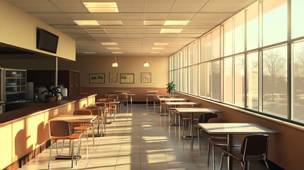 Bright and inviting dining area with tables and chairs, bathed in natural sunlight.