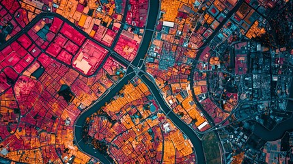 Detailed urban planning map highlighting climate resilient zones and infrastructure visualized with vivid overlays depicting the transportation network topography and other key geographic features