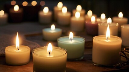 Viele Kerzen brennen miteinander in einem Zimmer, sie stehen auf einem Tisch und erleuchten den Raum