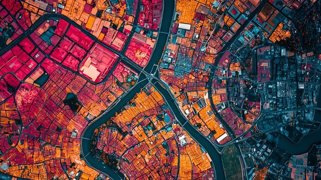 Detailed urban planning map highlighting climate resilient zones and infrastructure visualized with vivid overlays depicting the transportation network topography and other key geographic features
