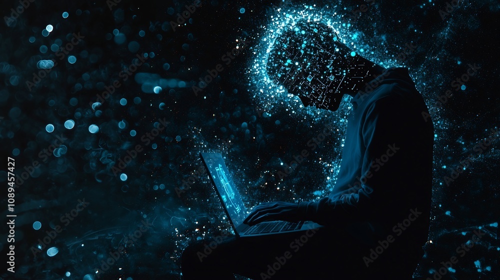 Poster digital silhouette of a hacker featuring a glowing light blue laptop with an chip layered on a dark 
