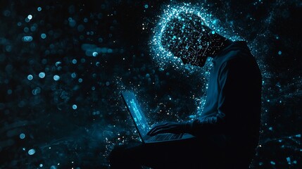 Digital silhouette of a hacker featuring a glowing light blue laptop with an chip layered on a dark background with glitch effects tech electronics and intelligence elements