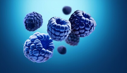 falling blue raspberries on blue gradient background levitating raspberries