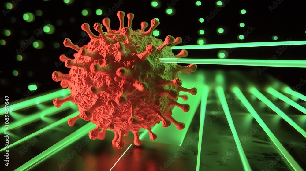 Poster dramatic and powerful visual depiction of a virus being destroyed by precision lasers from a gene ed