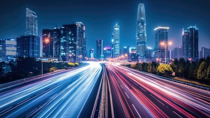 Fototapeta premium Sports car driving along a modern highway with bright lights and tall skyscrapers under a clear night sky