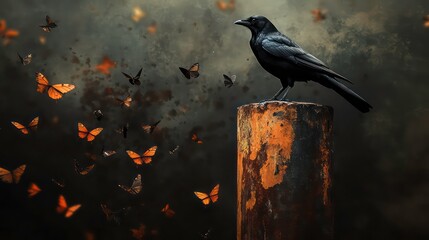 A black bird perches atop a weathered, rusted pole against a dark backdrop Butterflies flit about in swarms around the avian figure