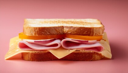a close up of a ham and cheese sandwich on a pink background