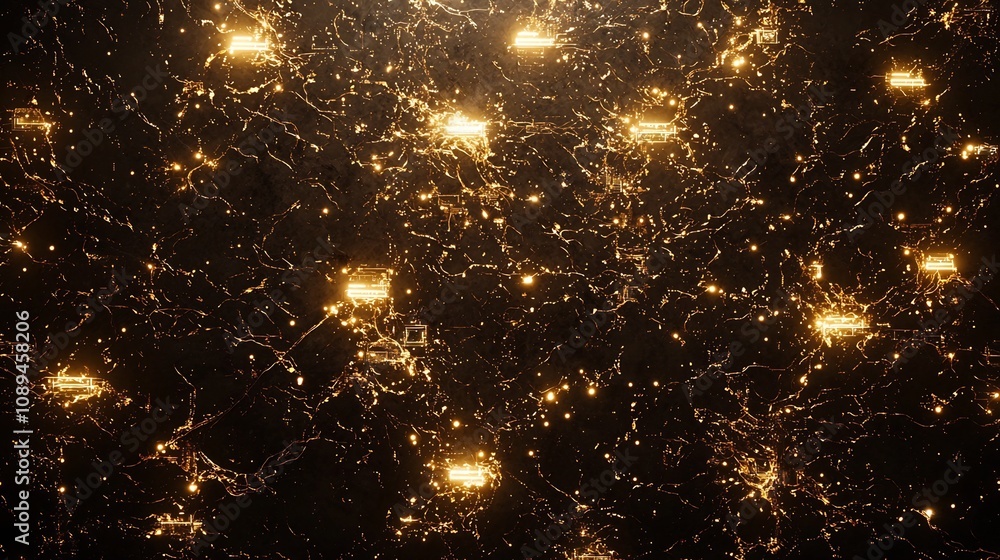 Poster elegant electronics backdrop with glowing golden circuit lines spreading across a futuristic dark ca