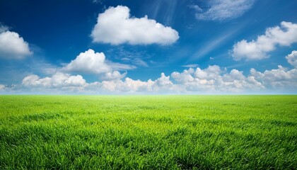 Fototapeta premium green grass and blue sky with white clouds in summer season