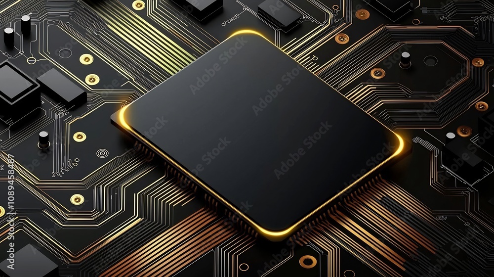 Aufkleber elegant tech background with glowing golden circuit lines weaving through dark electronic components