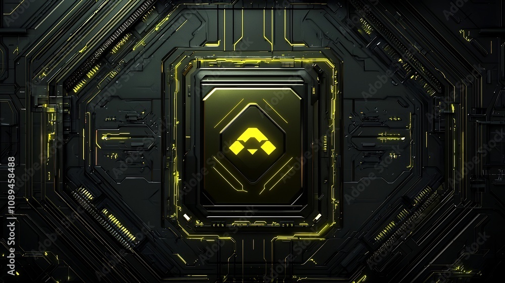 Poster elegant semiconductor design with a neon yellow logo in the center illuminated by golden thin lines 